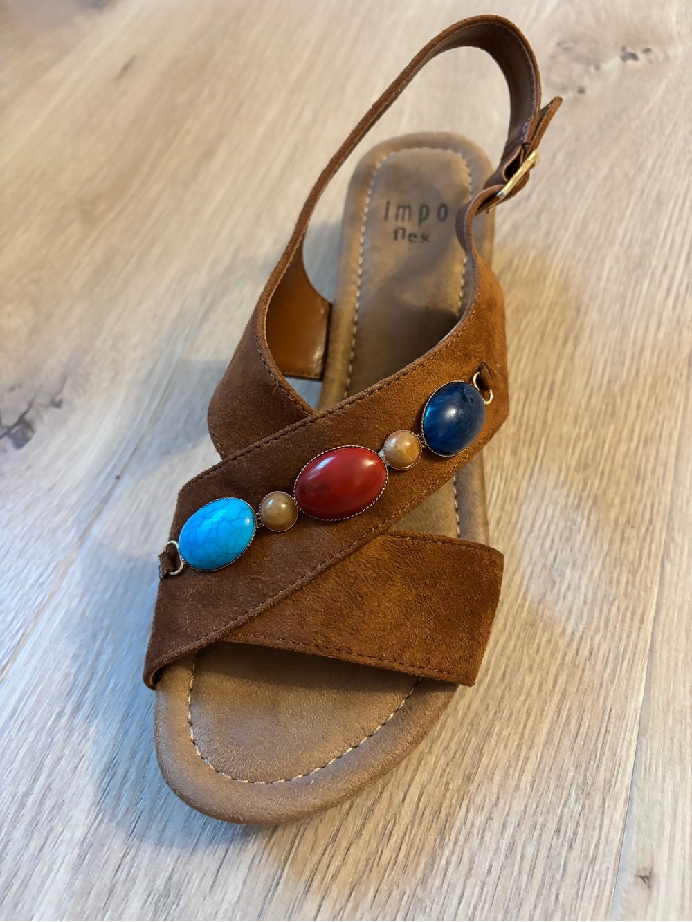 Women’s Brown Suede Slingback Sandal with Colorful Gem Accents